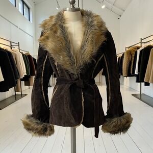 Wilsons Leather Brown Suede Afghan Penny Lane Jacket Faux Fur Trim XL RN69426